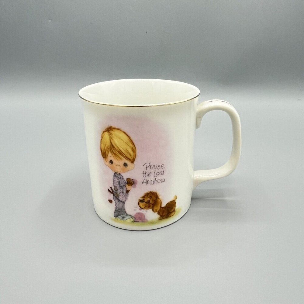 Vtg 1983 Precious Moments Coffee Mug "Praise the Lord Anyhow" Gold Rim Enesco